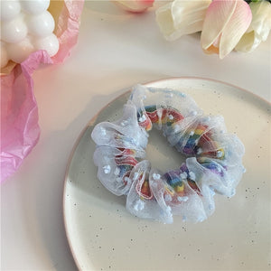 Fashion Lace Daisy Scrunchies Rainbow Gum Hair Tie Women Girls Printed Floral Elastic Hair bands Ponytail Hold Hair Accessories